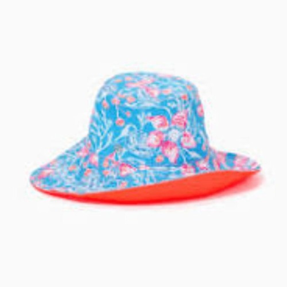 Lilly Pulitzer Reversible Sun Hat Blue Pink Floral Neon Orange Wide Brim NEW